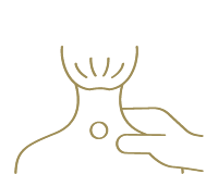 Hier sehen Sie ein illustriertes Icon, was die Physiotherapie darstellen soll. Es zeigt den Nacken einer Person von hinten, der von einer Hand an einem Druckpunkt massiert wird.